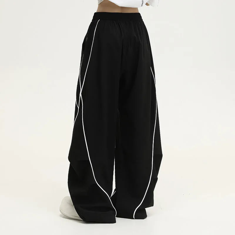 Black striped wide-leg sports trousers with pleated mid waist for hip hop dance