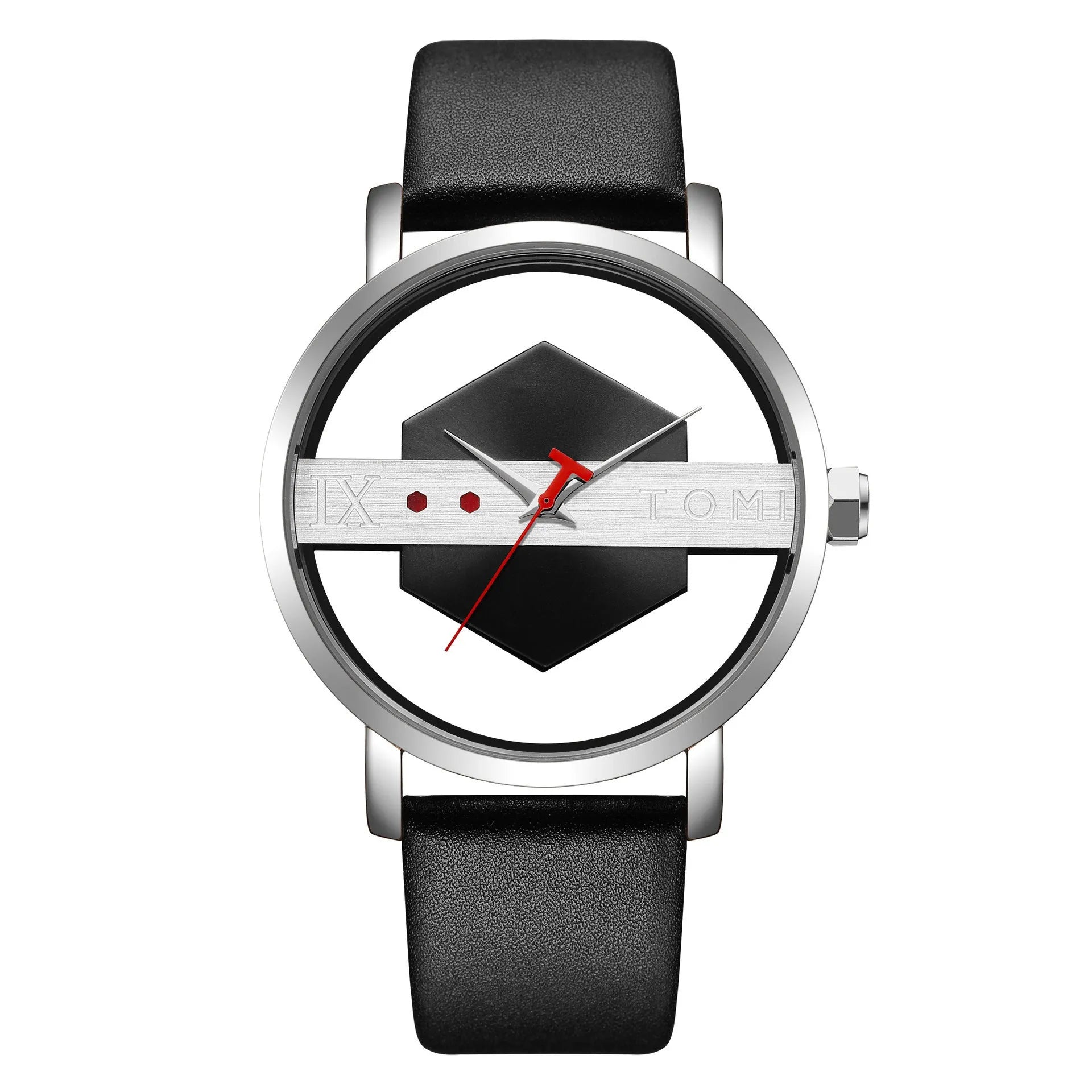Hollow out see-through unisex leather casual quartz watch with brown gold surface and slim 10mm case