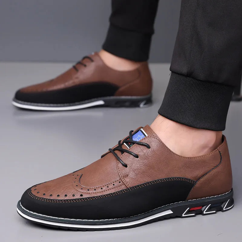 Men's black leather slip-on loafer shoe with a rubber sole and visible stitching detail
