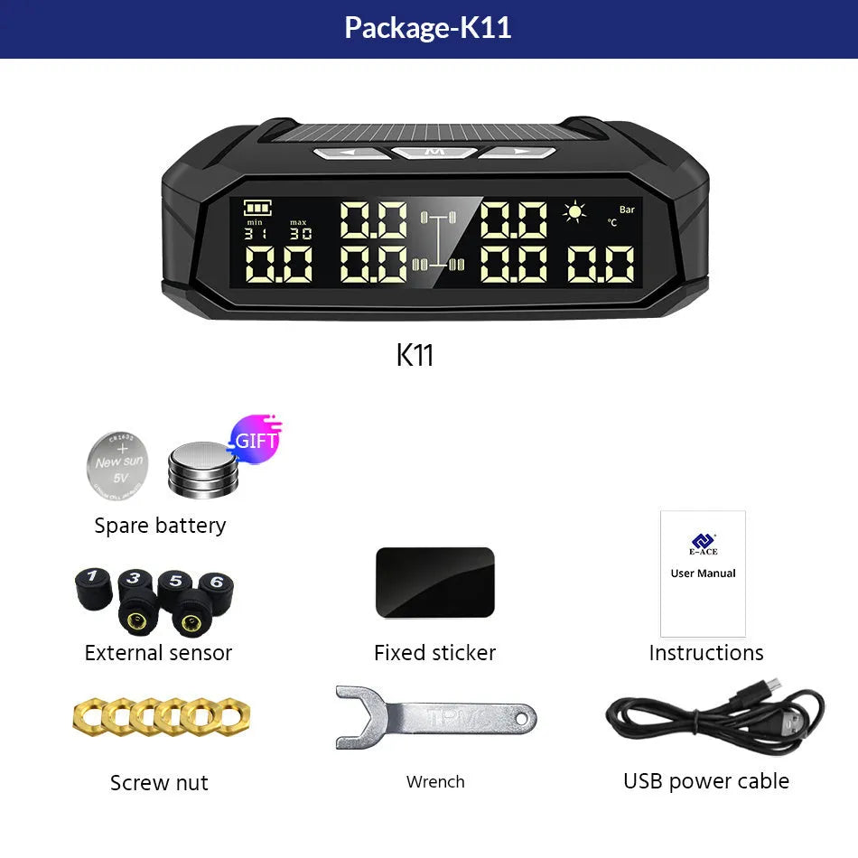 Solar external tyre pressure monitor with six sensors for RV truck, LCD colour display, plastic and copper housing