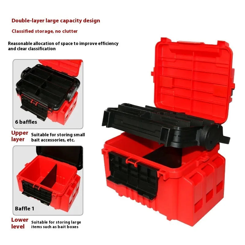 Portable double-layer ABS fishing box in blue with compartments, pole holder, and cup holder
