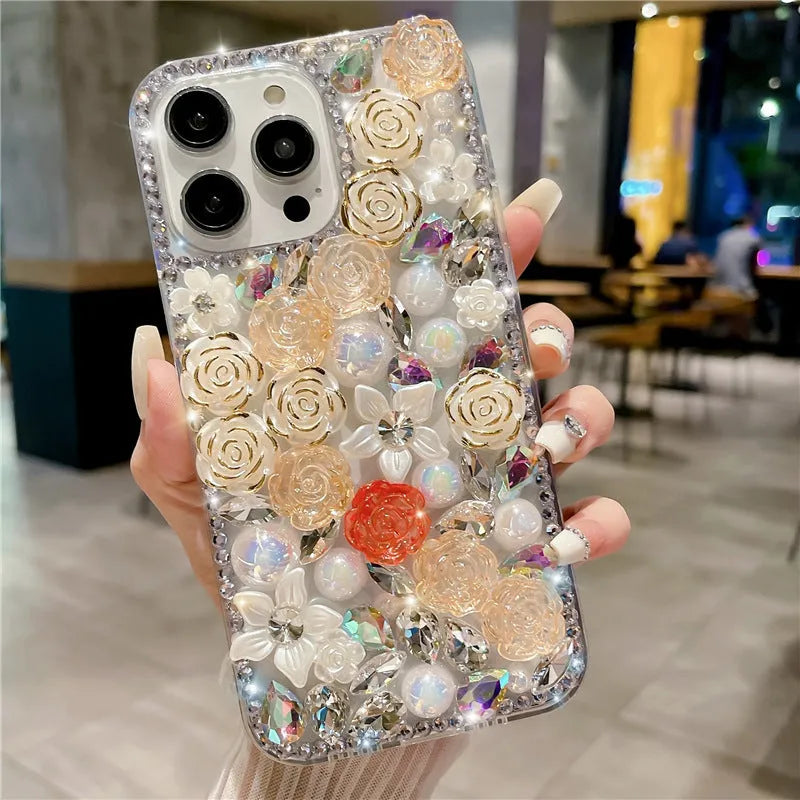 Diamond rose flower TPU phone case for iPhone 15 Pro Max in purple rose, showing anti-fall and anti-fingerprint design