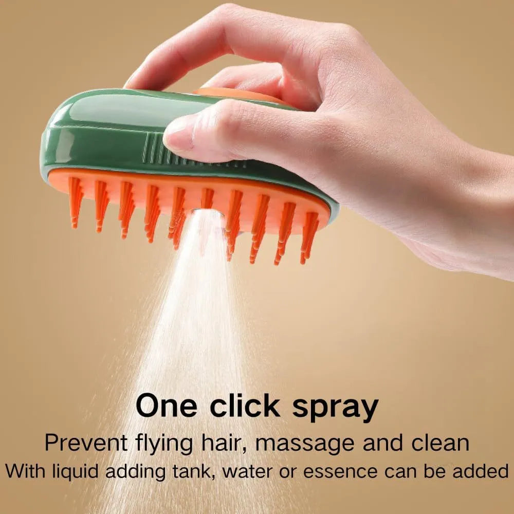 Green and white 3 in 1 cat steam brush with silicone bristles and water spray function for grooming pets.