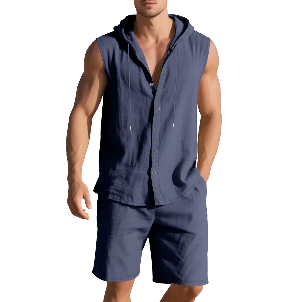 Men's linen sleeveless shirt and shorts suit in army green, front view, summer casual two-piece set