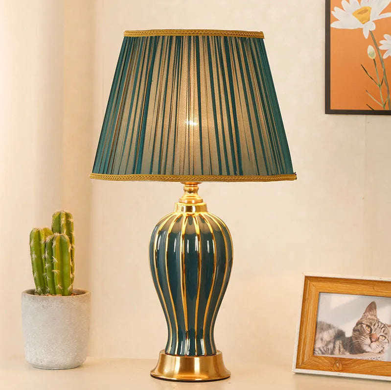Ceramic table lamp with vertical stripe pattern and touch or remote switch for bedroom or living room