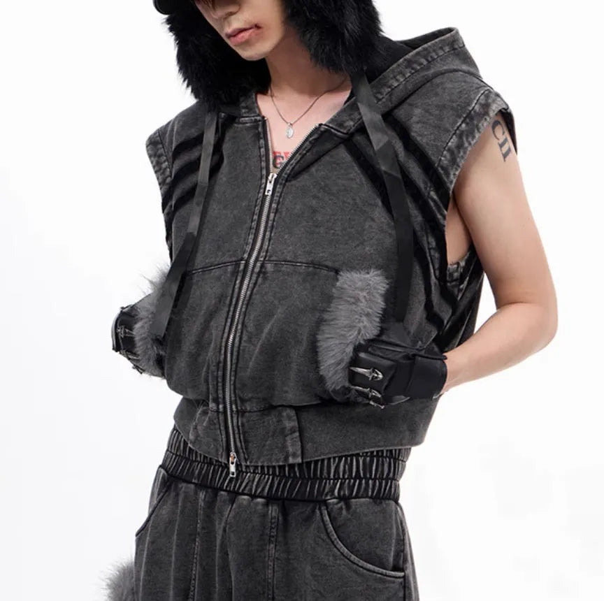 Korean style hooded sleeveless tank top and matching trousers set in washed fabric