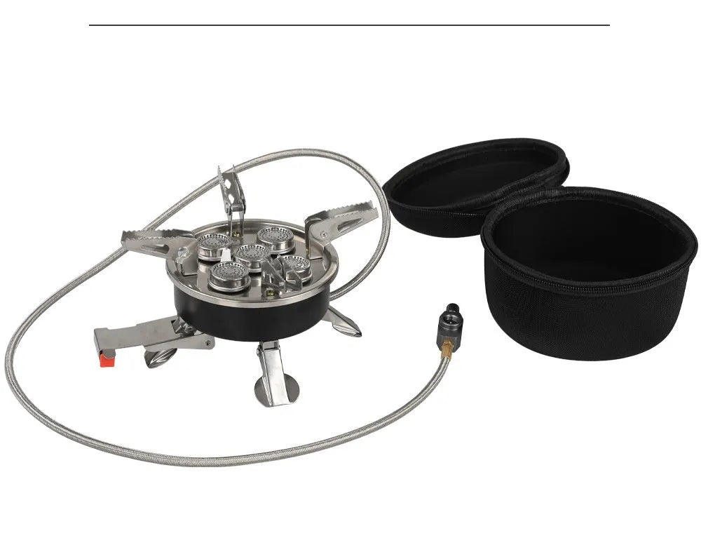 Silver portable split camping stove made of stainless steel and copper, shown folded with gas hose.