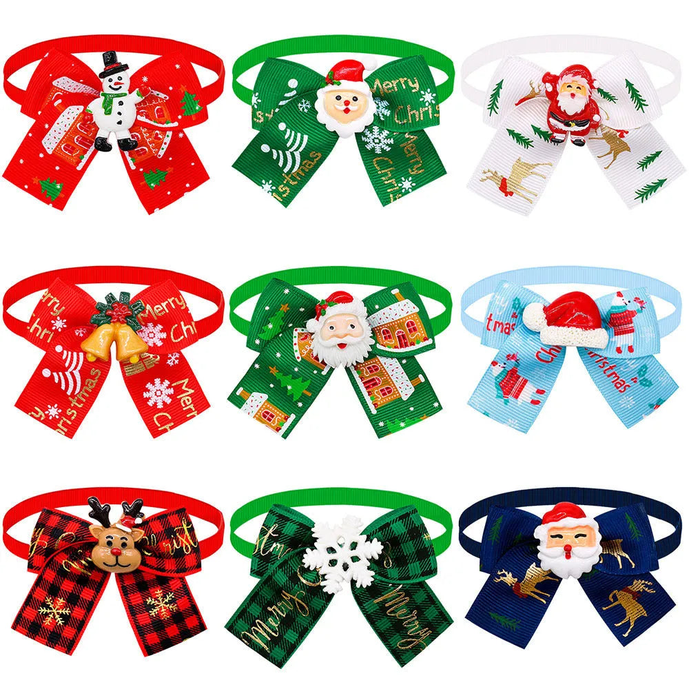 Red and green British style polyester bow tie accessory with elastic band for pet, doll or Christmas tree.