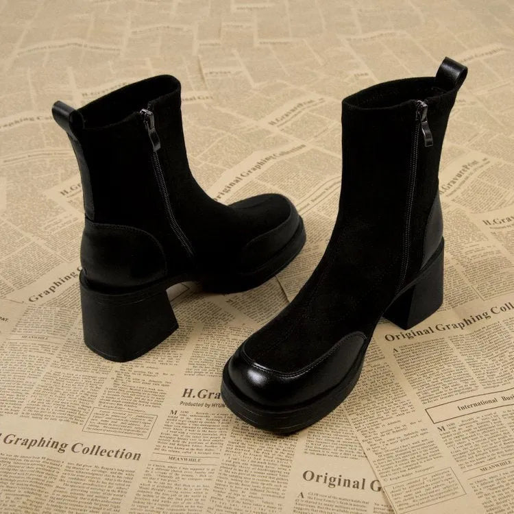 Thick bottom chunky heel Martin boots for women in black with lace-up fastening and rubber sole