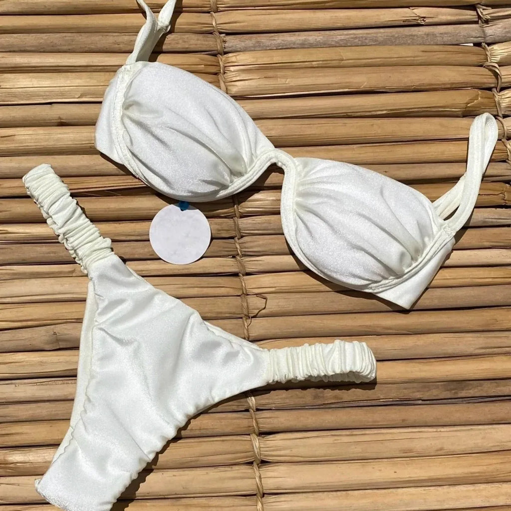 European style women's underwire bikini swimsuit in khaki colour with split briefs design