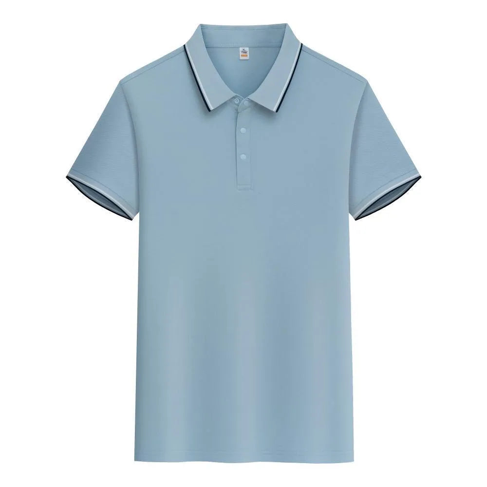 A pure cotton polo shirt with a lapel collar and short sleeves, shown in a light blue colour.