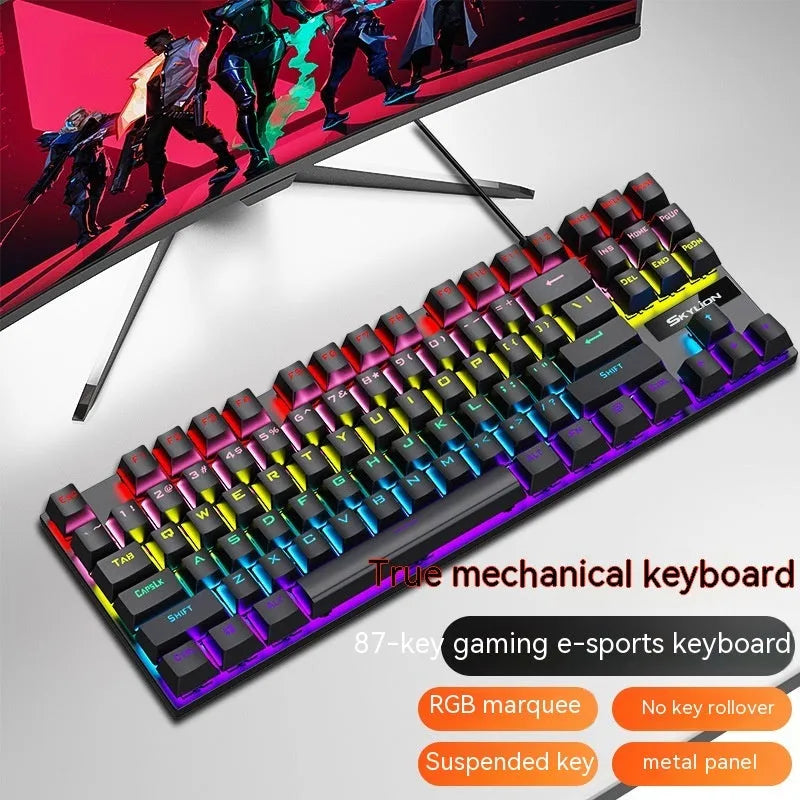 K87 mechanical wired keyboard with green or red axis switches, metal construction, and 1.4 metre cable in various colour options