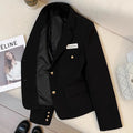 Women's black short suit coat loose fit polyester long sleeves pocket detail solid colour