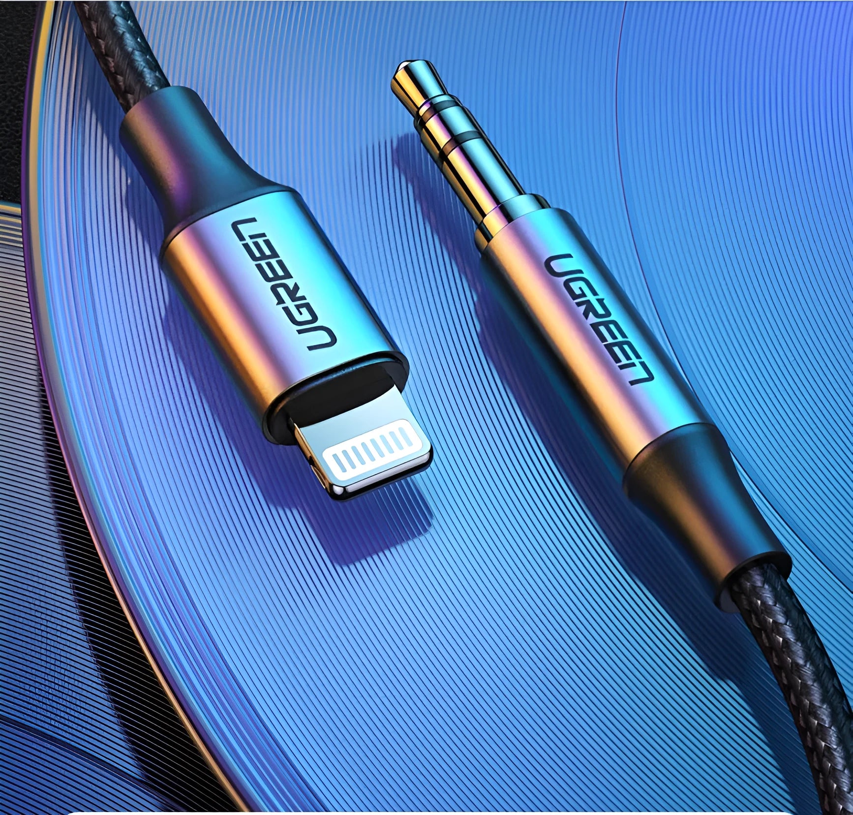 Black Apple Lightning to 3.5mm car audio adapter cable with aluminium shell and braided cable