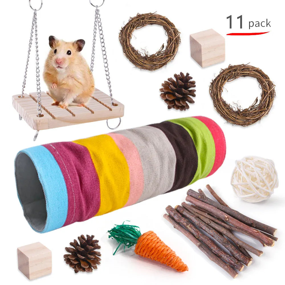Wooden pet toy set with straw mats and woven balls for rabbits and guinea pigs