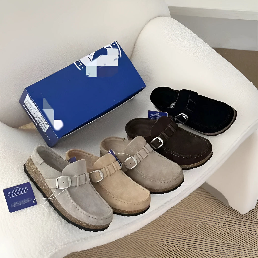 Unisex lazy mule slippers in antelope brown with cow suede upper and cork sole, side view