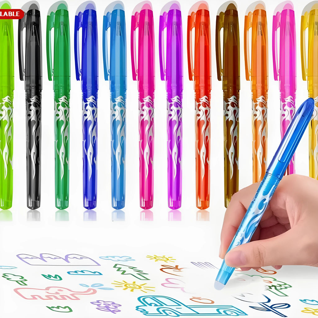 Heat-erasable gel pen set with multiple colours showing plastic shell and stainless steel nib options.