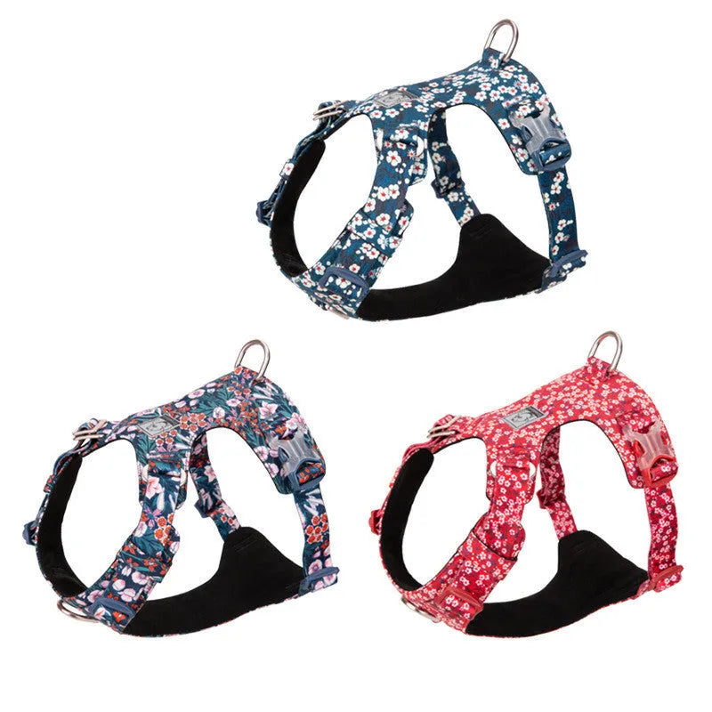 Floral pattern pet harness with chest strap in pure cotton fabric