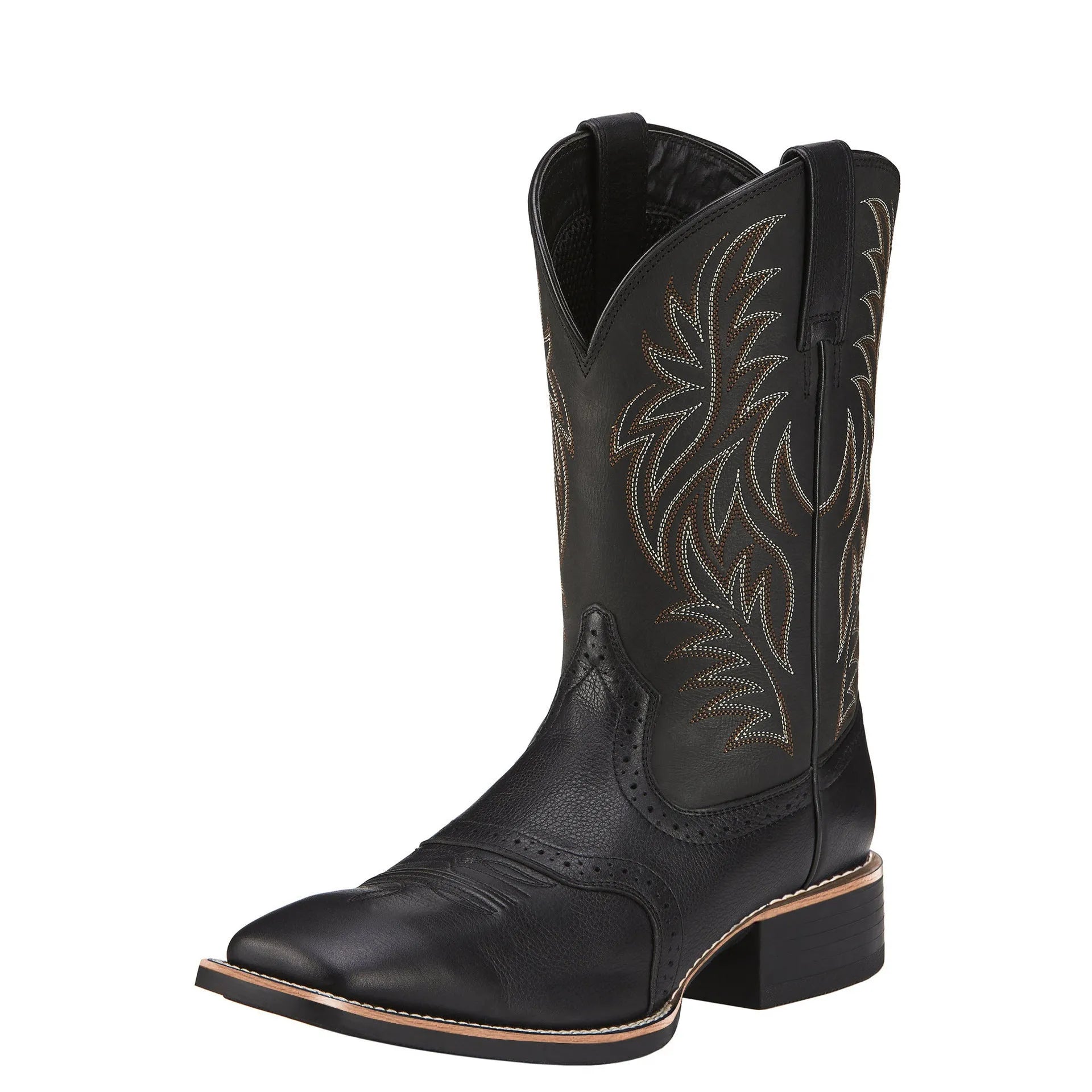 Men's black Western cowboy boots with embroidered detailing and square toe design