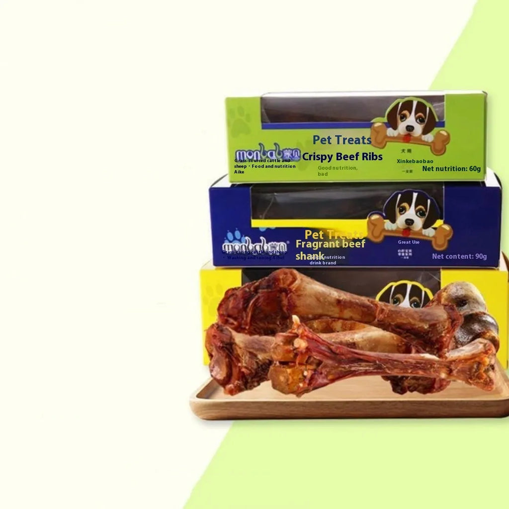Natural beef marrow bone dog chew in three sizes small green medium blue large yellow for dental health
