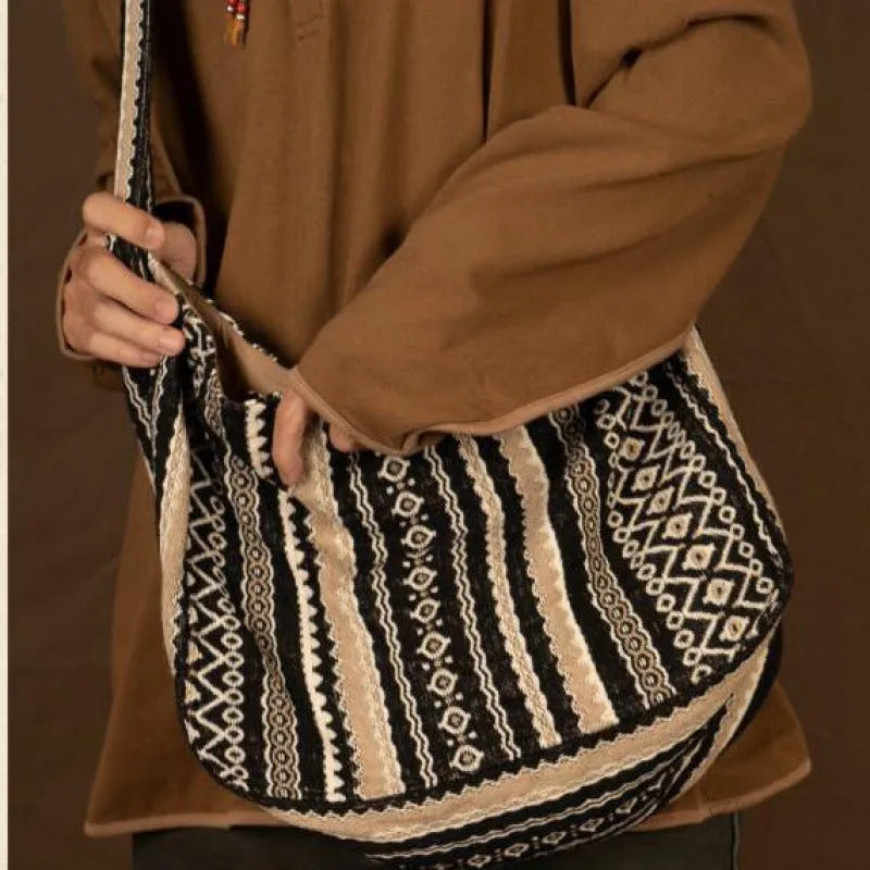 Corduroy retro striped messenger bag with adjustable plaid strap, measuring 37cm by 28.5cm.