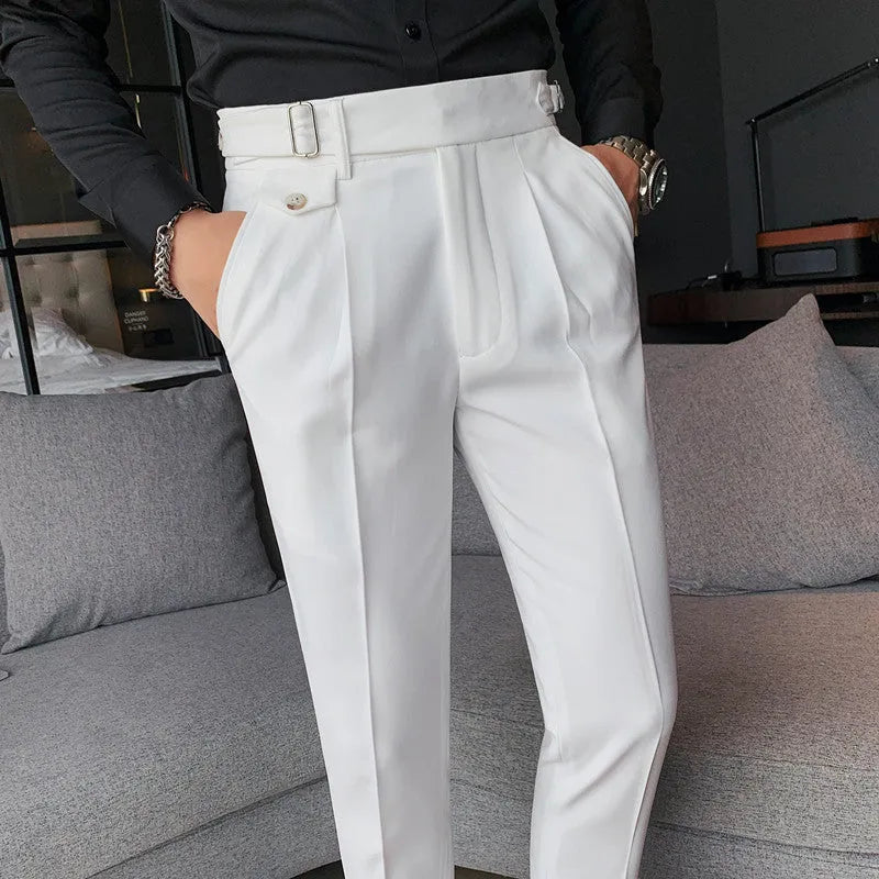 Men's straight-leg casual trousers in solid colours including black, gray, and khaki.