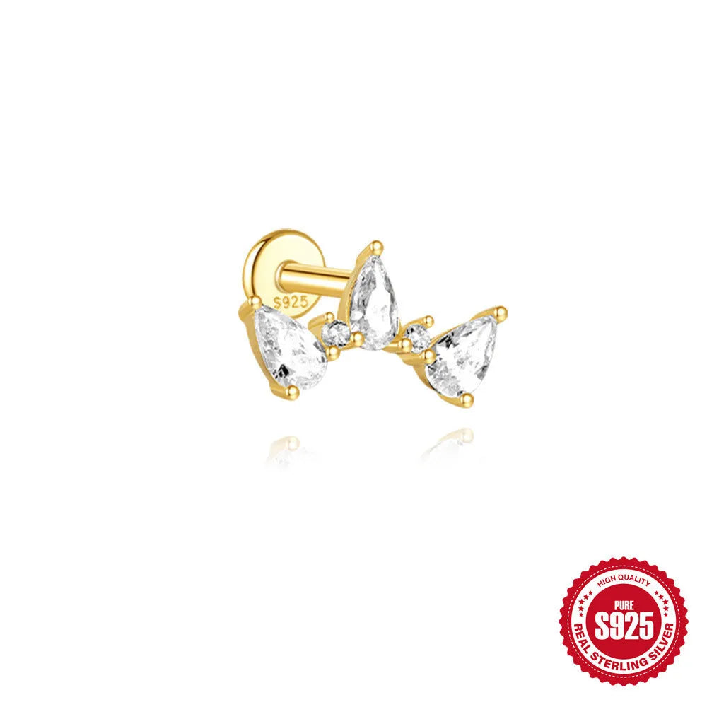 S925 sterling silver water drop shaped earrings with a flat spiral geometric design on a white background.