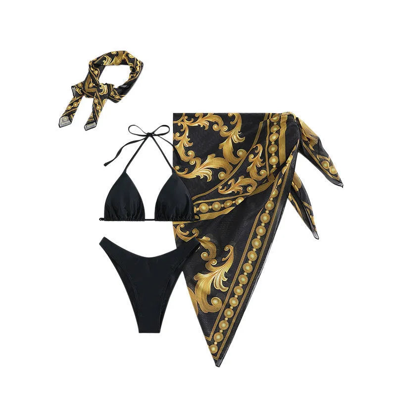Women's vintage print lace-up bikini swimsuit three-piece set in blue on a mannequin.