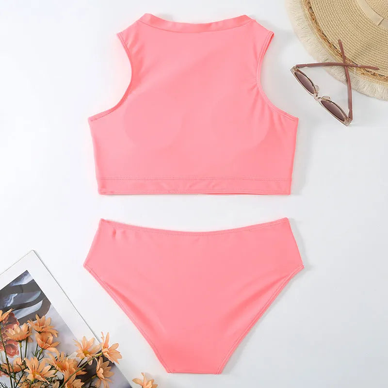 Pink high waist split leg bikini swimsuit with bra and shorts set