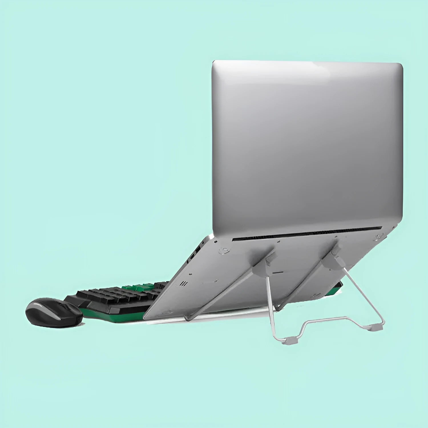Grey adjustable aluminium alloy stand holding a mobile phone on a desk.