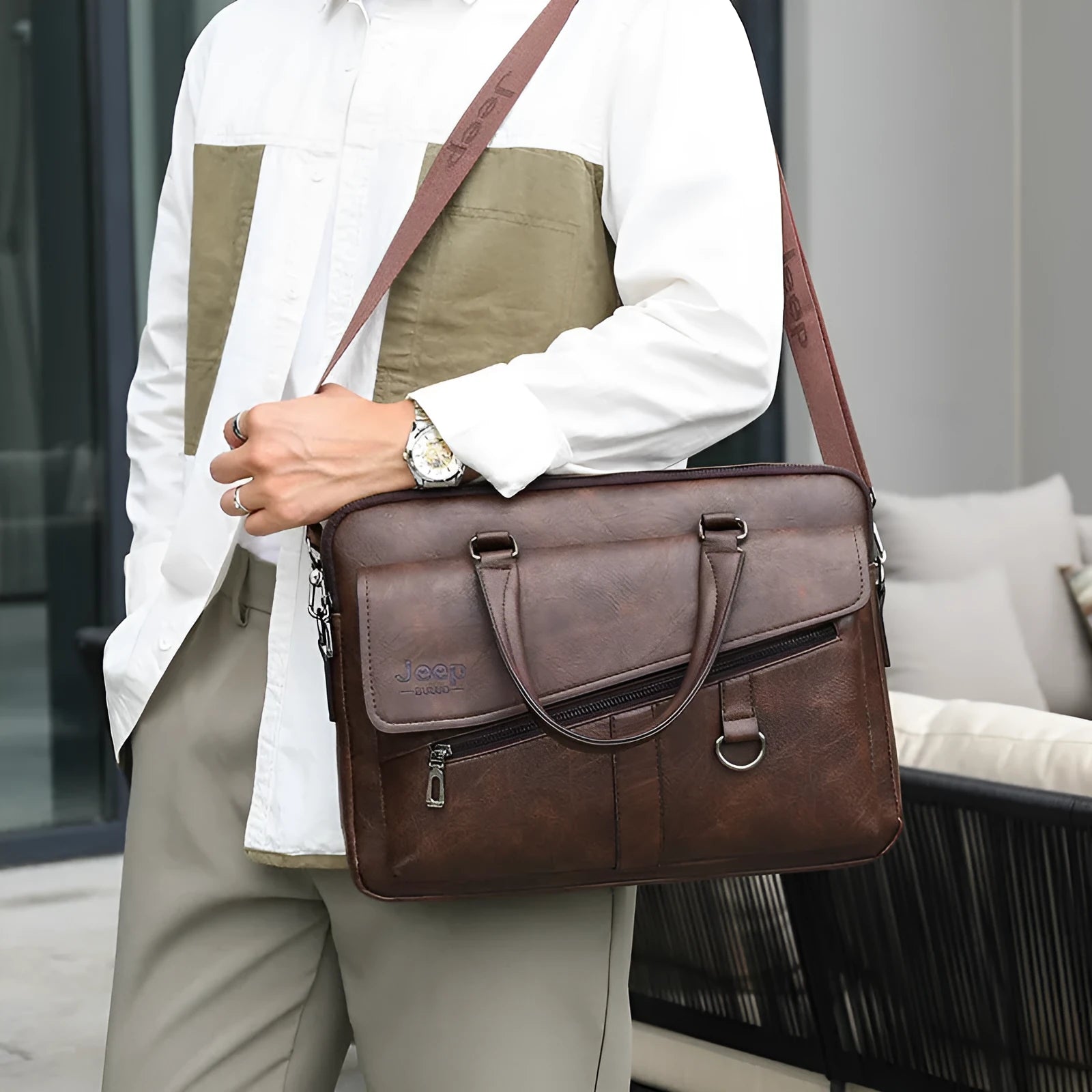 Large capacity synthetic leather shoulder computer bag in solid colour 8005 horizontal black variant