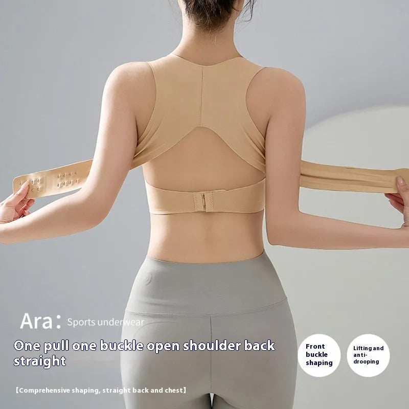 Women's front buckle yoga shaping bra in three colours with fixed double straps and 3/4 cup design