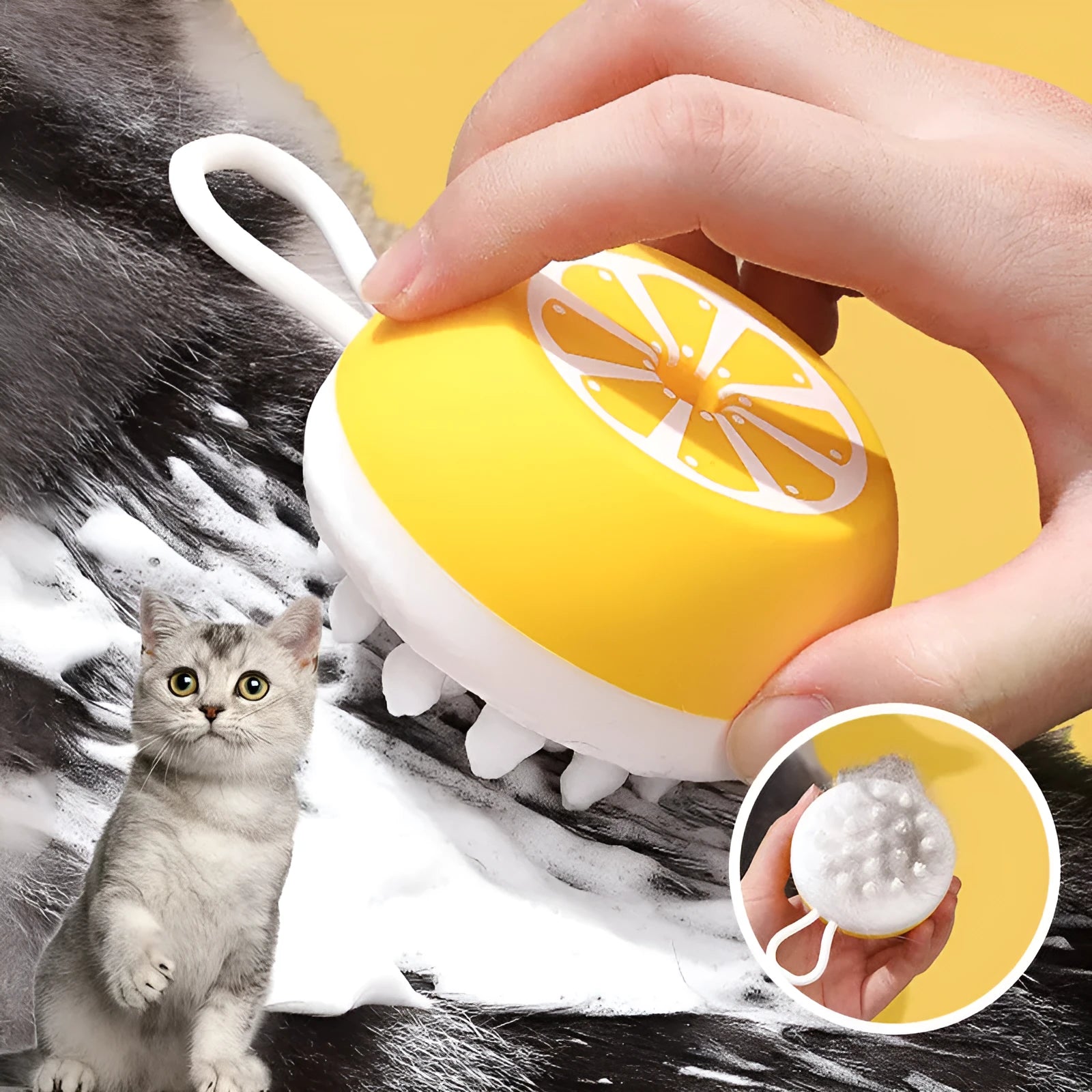 A soft silicone pet bath brush in yellow, shown with both a combed hair side and a 3D massage head side for dog and cat grooming.