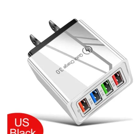 4-port USB mobile phone charger with illuminated indicators in multiple colour options