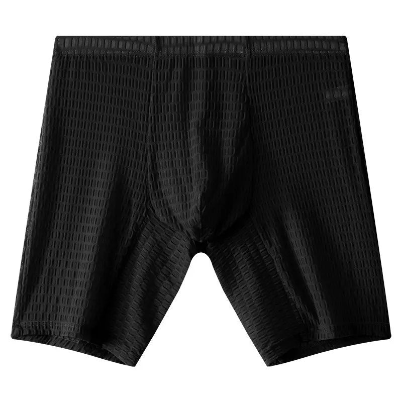 Men's transparent lace boxer briefs in light purple, showing the lengthened leg and mid-waist design.