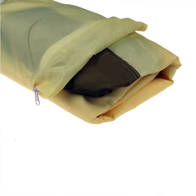 Beige polyester outdoor barbecue dust cover shown folded, with size options listed.