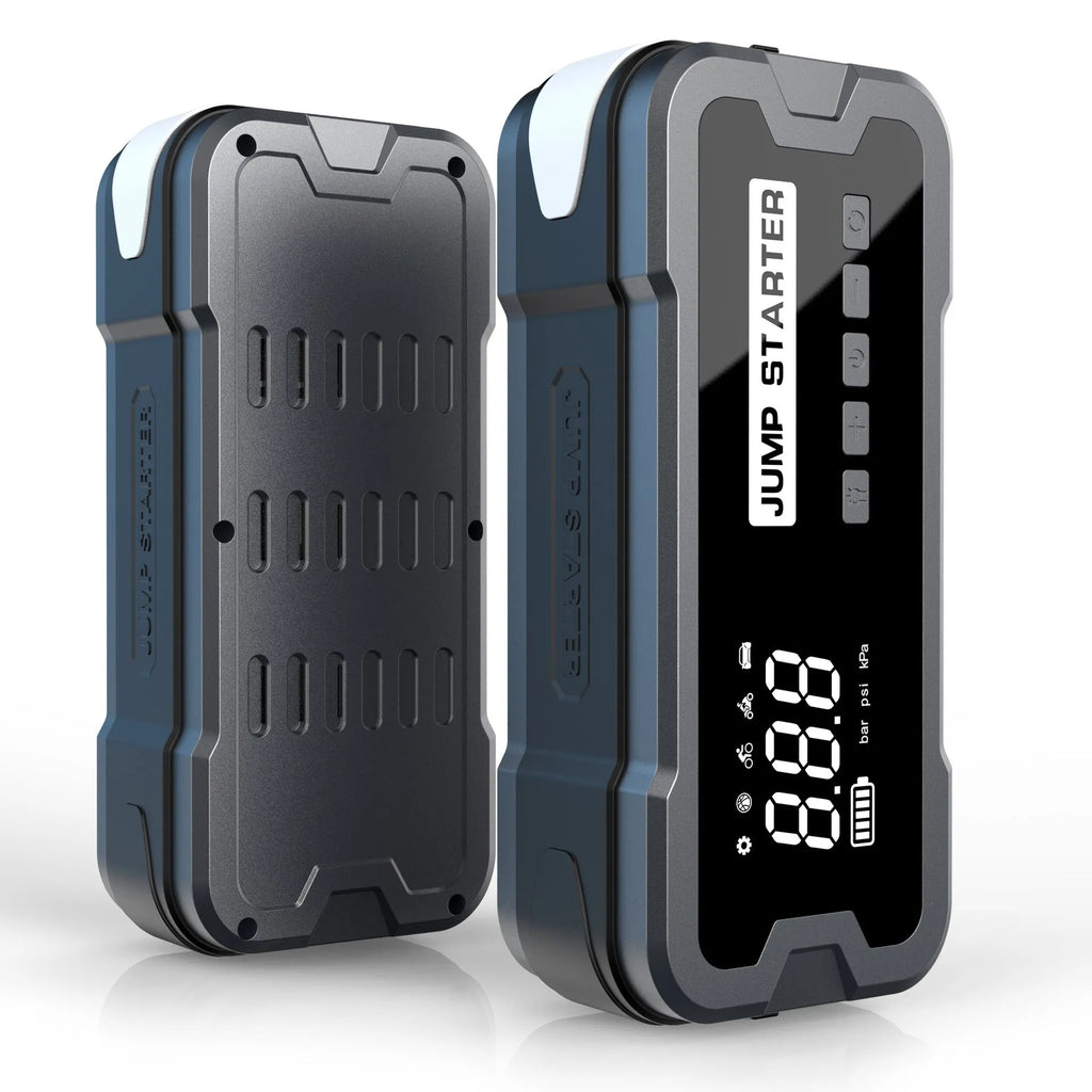 CY53 model black automotive jump starter power bank with built-in air compressor, LCD screen, and LED lights