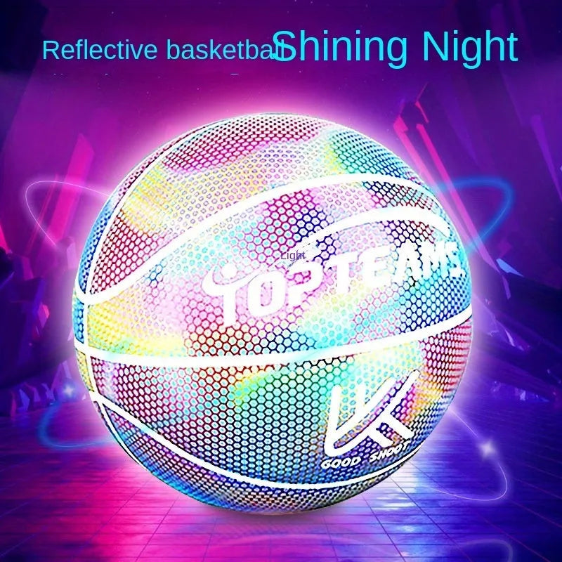 Holographic fluorescent reflective basketball glowing in low light