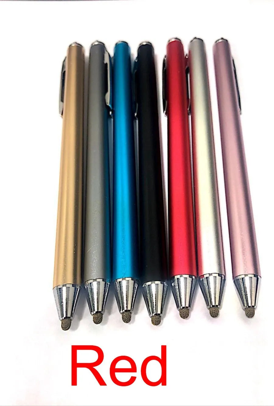Metal capacitive stylus pen in seven colour options: black, silver, red, sky blue, gold, pink, and grey.