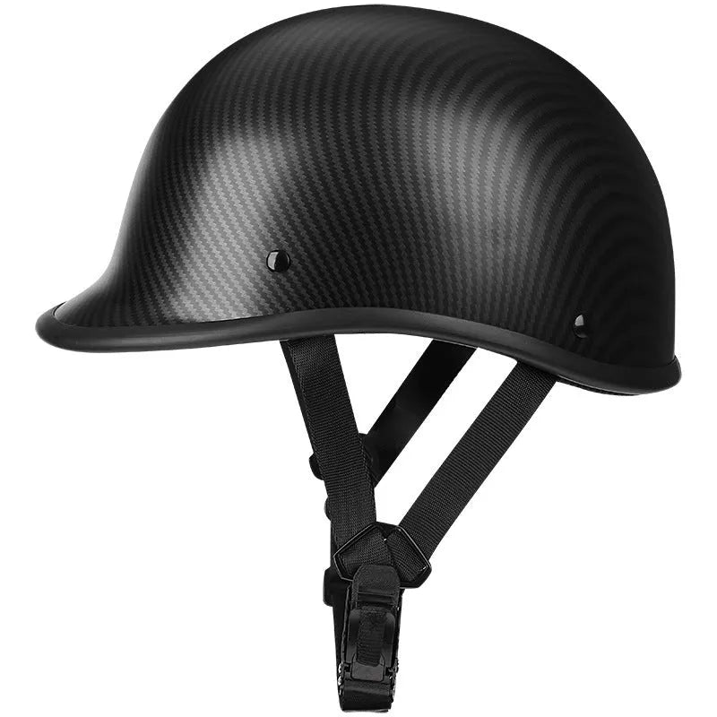 Retro-style helmet with hand-curved ABS shell shown in matte black, bright black, white, cement grey and carbon fibre finishes.