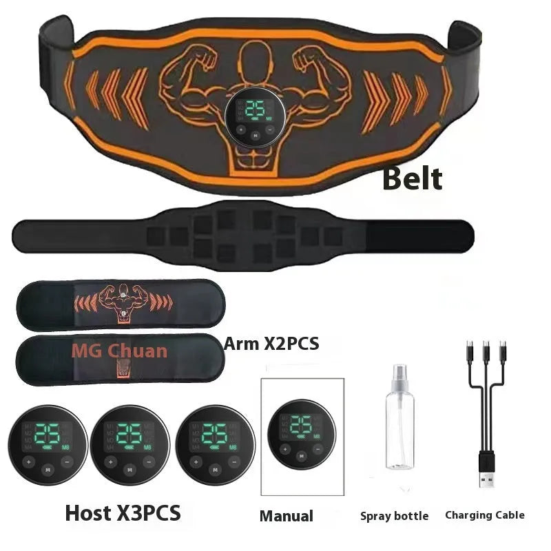 Blue and orange rechargeable EMS smart massage belt with timer and arm stickers.