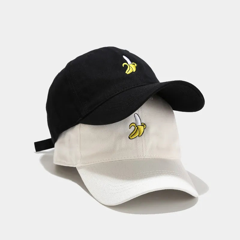 Curved dome crown baseball cap with embroidered banana fruit design in multiple colours