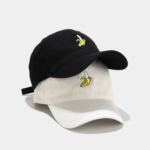 Curved dome crown baseball cap with embroidered banana fruit design in multiple colours