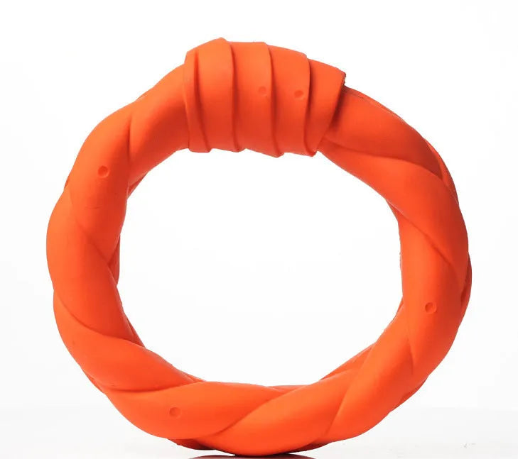 Blue rubber woven ring dog toy for teeth cleaning and interactive training on a plain background