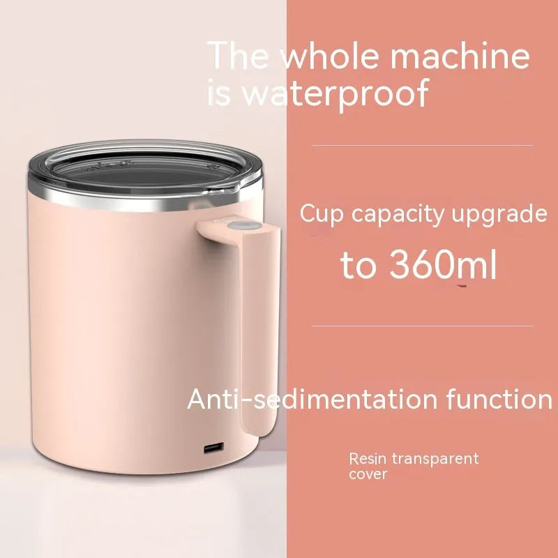 White automatic stirring coffee cup with magnetic base and 360ml capacity