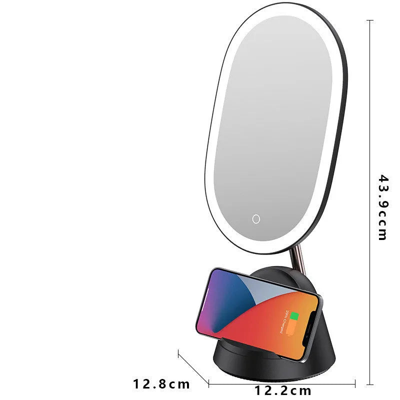 White multifunctional makeup mirror table lamp with UK plug on desktop