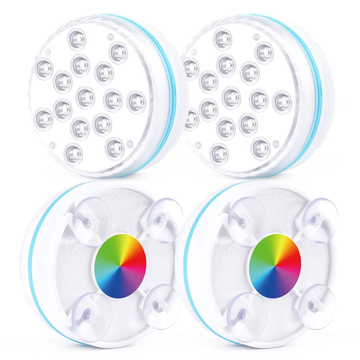 13 LED IP68 submersible underwater light with suction cup and RF remote, showing 16 colours in a swimming pool