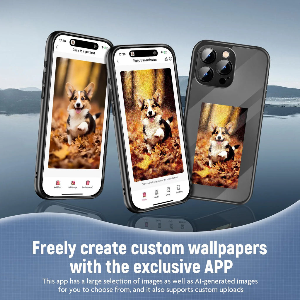 Black iPhone 15 Pro Max flip case with NFC ink screen showing custom text