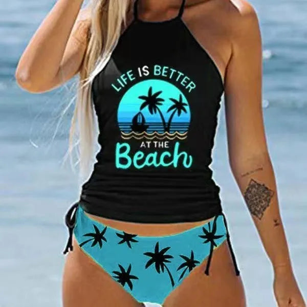 Women's brief swimsuit with a colourful cartoon print, shown in a conservative cut for swimming.