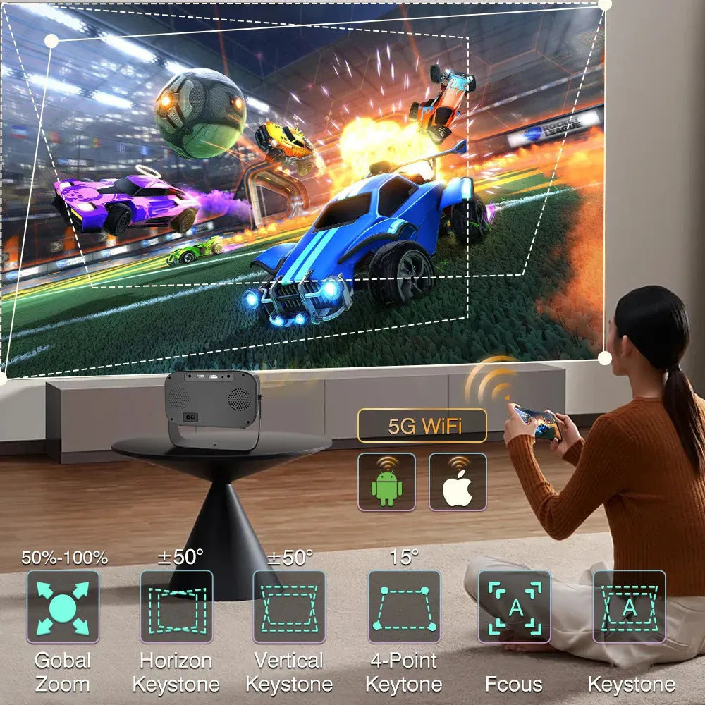 Black portable smart projector with 720p HD resolution and Android operating system